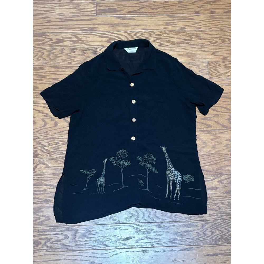 Vtg Nina Piccalino Womens Black Giraffe Chiffon Short Sleeve Button Up Shirt, 12